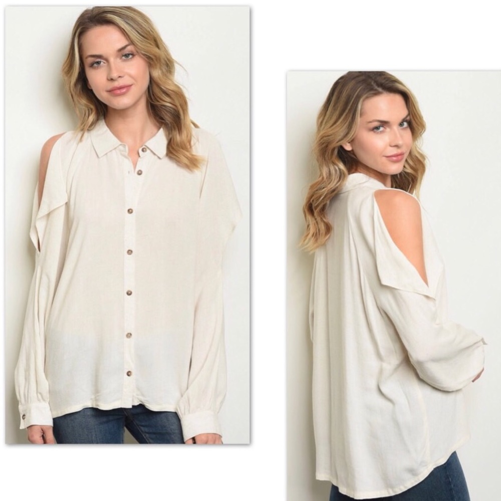 Long sleeve buttondown cold shoulder tunic S-M-L